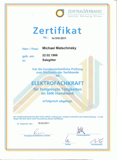 Zertifikat: Elektrofachkraft im SHK-Handwerk