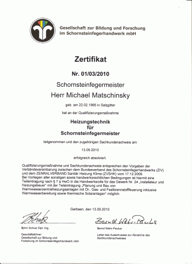 Zertifikat: Installateur & Heizungsbauer nach HwO 7a
