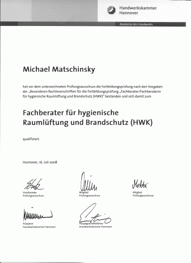 Zertifikat: Fachberater fr hygienische Raumlftung und Brandschutz-Nachweis