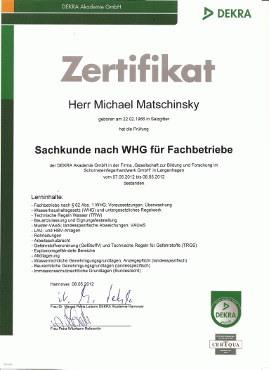 Zertifikat: Sachkunde nach Wasserhaushaltsgesetz für Fachbetrieb - WHG